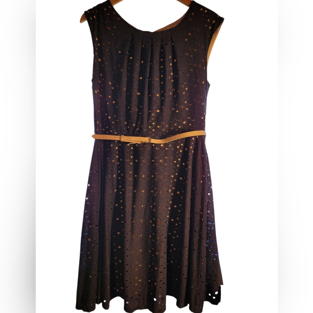 Chic Navy Blue & Tan Eyelet Dress with Tan Belt